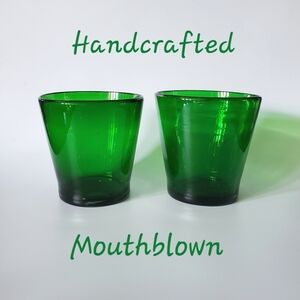 (2) Handcrafted Blown 12oz Thick Glass Green Glasses